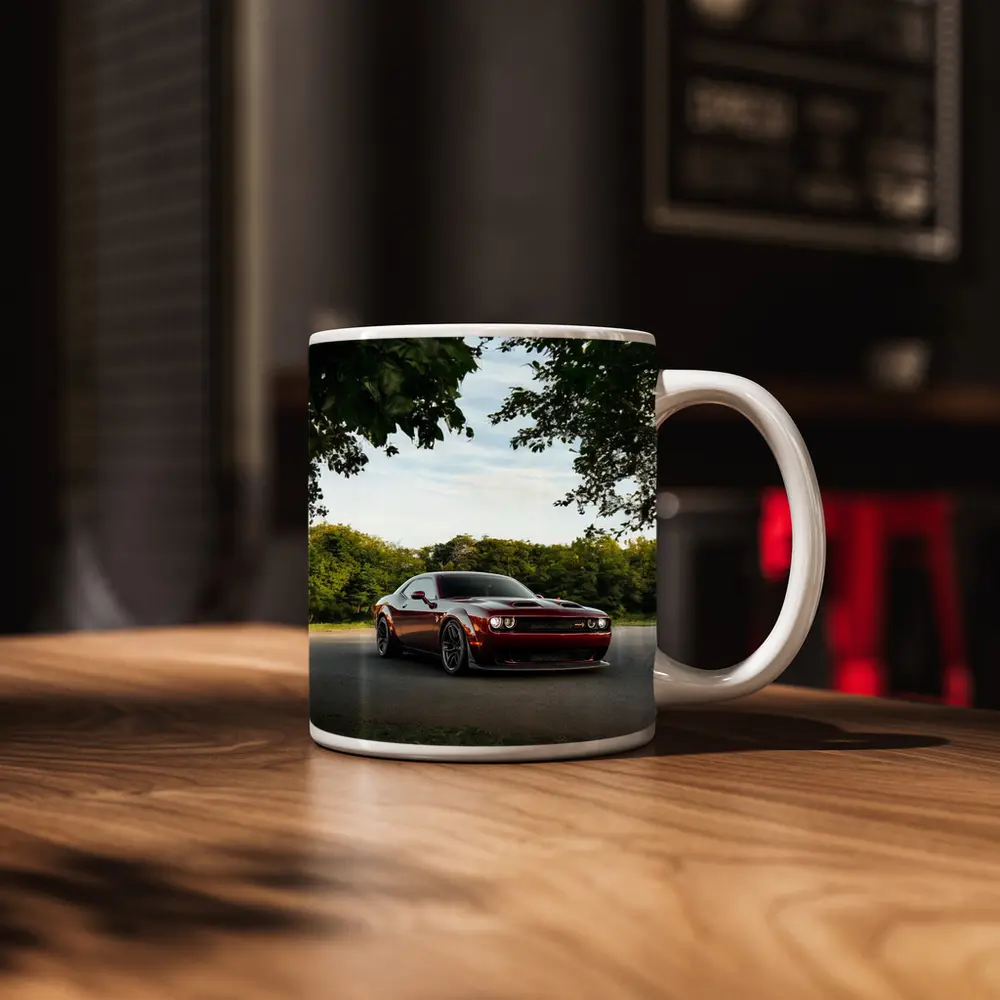 Dodge Challenger Hellcat Parked Under Trees – Mugs