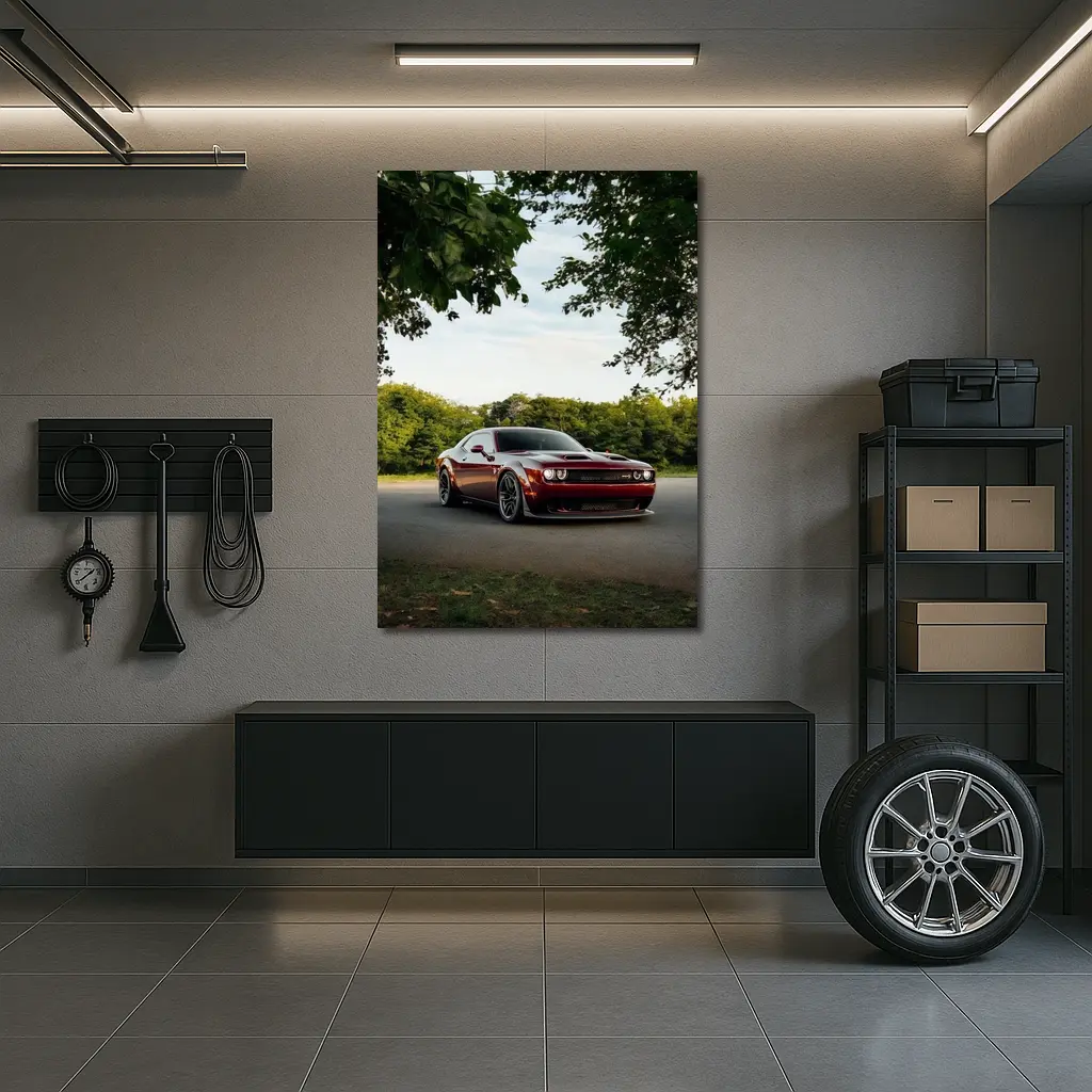 Dodge Challenger Hellcat Parked Under Trees – Wall Art