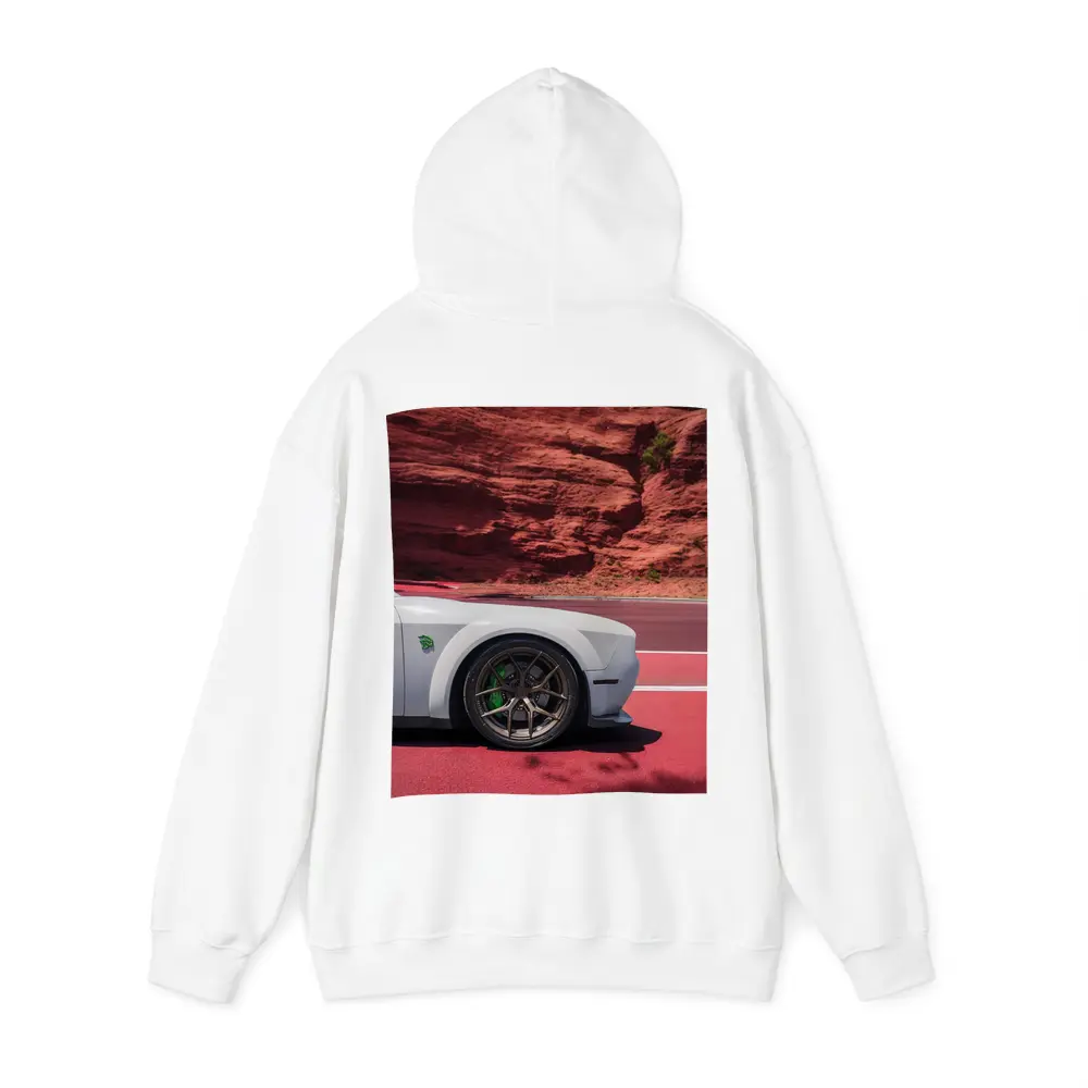 Dodge Challenger White Car Red Rock Background – Hoodies