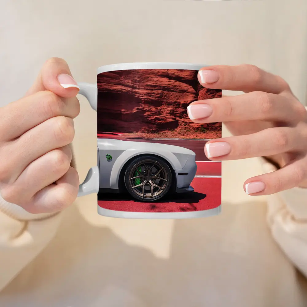 Dodge Challenger White Car Red Rock Background – Mugs