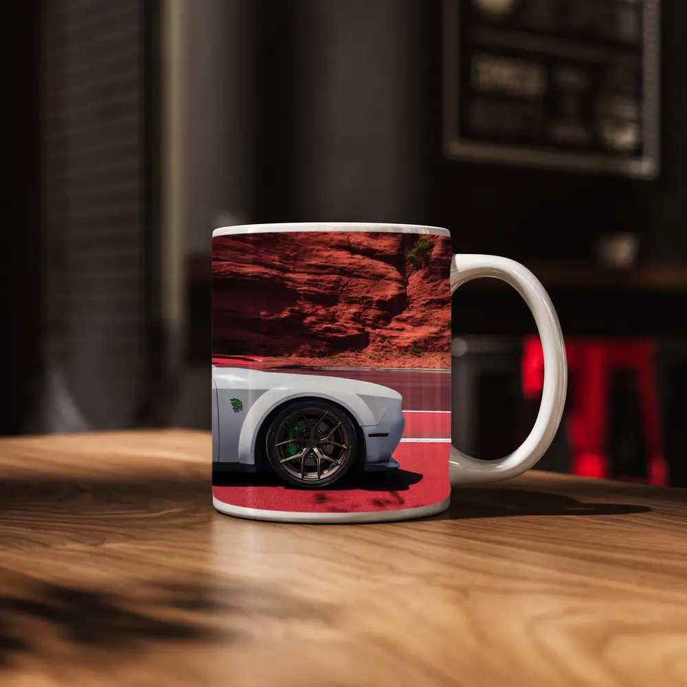 Dodge Challenger White Car Red Rock Background – Mugs
