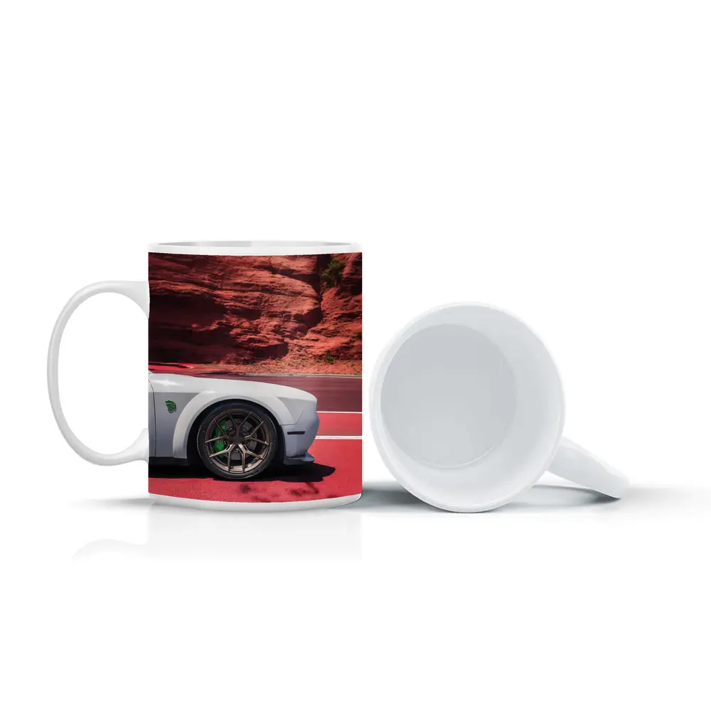 Dodge Challenger White Car Red Rock Background – Mugs