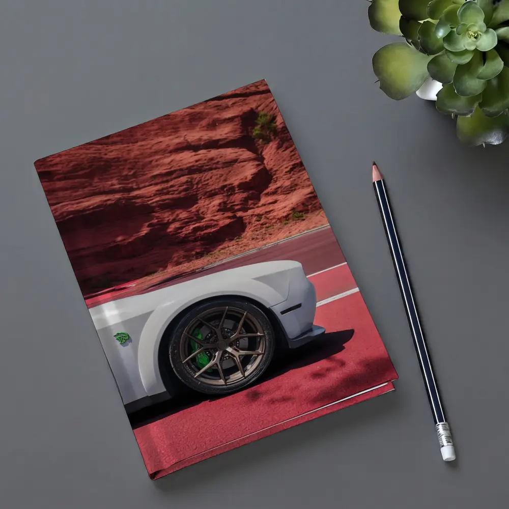 Dodge Challenger White Car Red Rock Background – Notebooks
