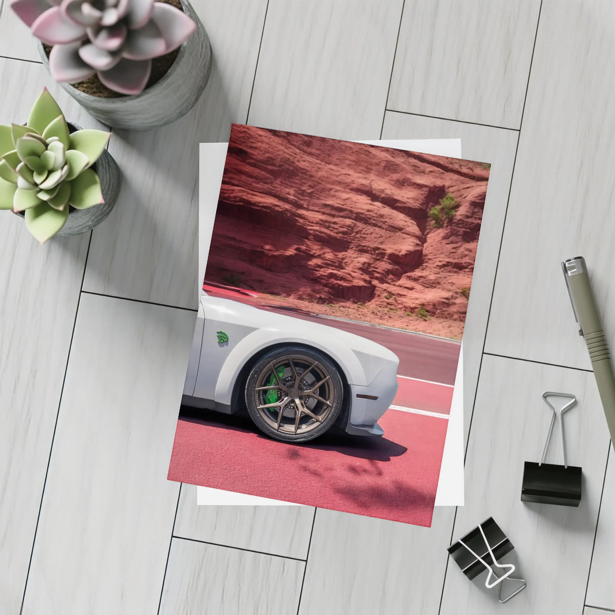 Dodge Challenger White Car Red Rock Background – Postcards