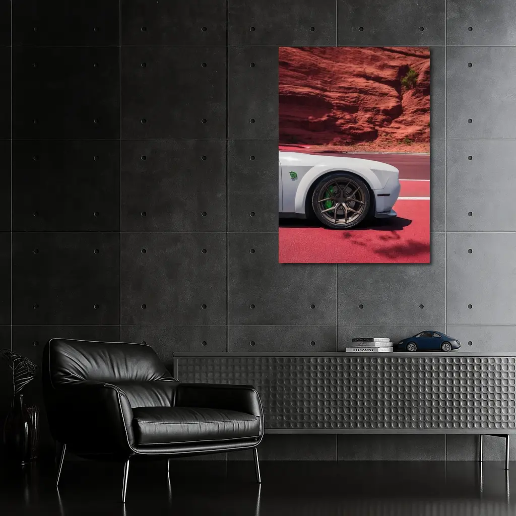 Dodge Challenger White Car Red Rock Background – Wall Art