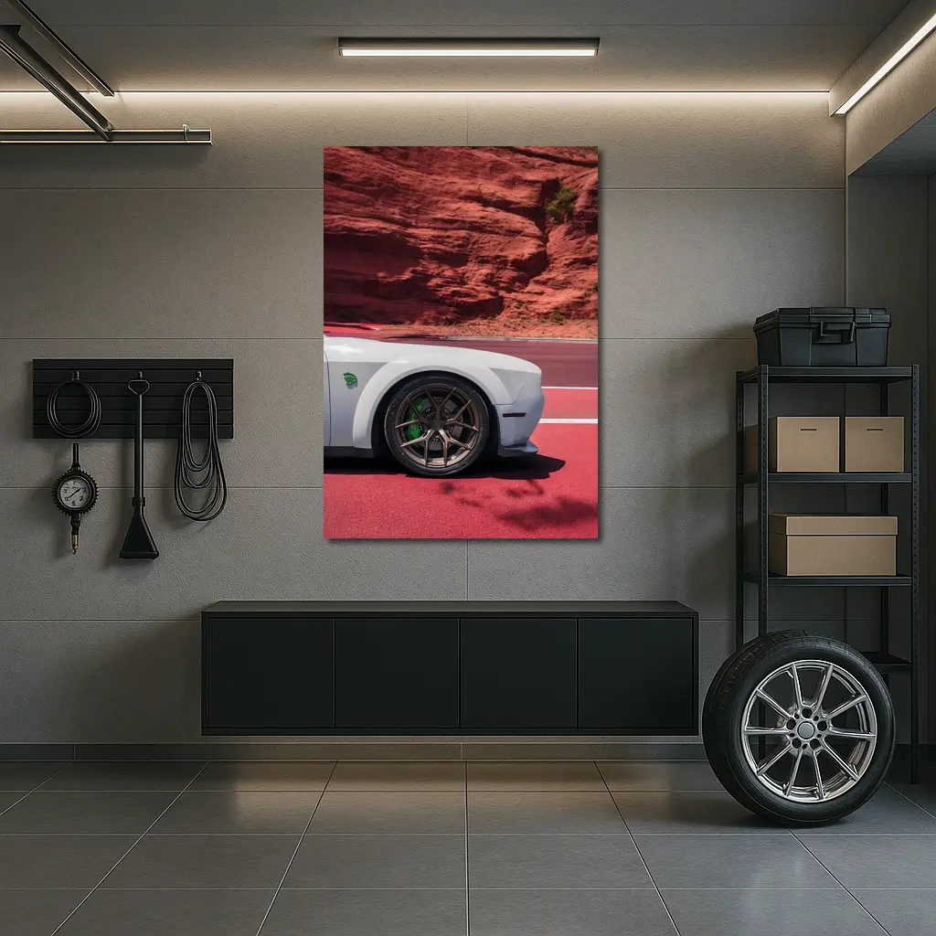 Dodge Challenger White Car Red Rock Background – Wall Art