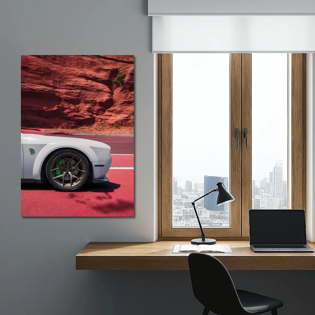 Dodge Challenger White Car Red Rock Background – Wall Art