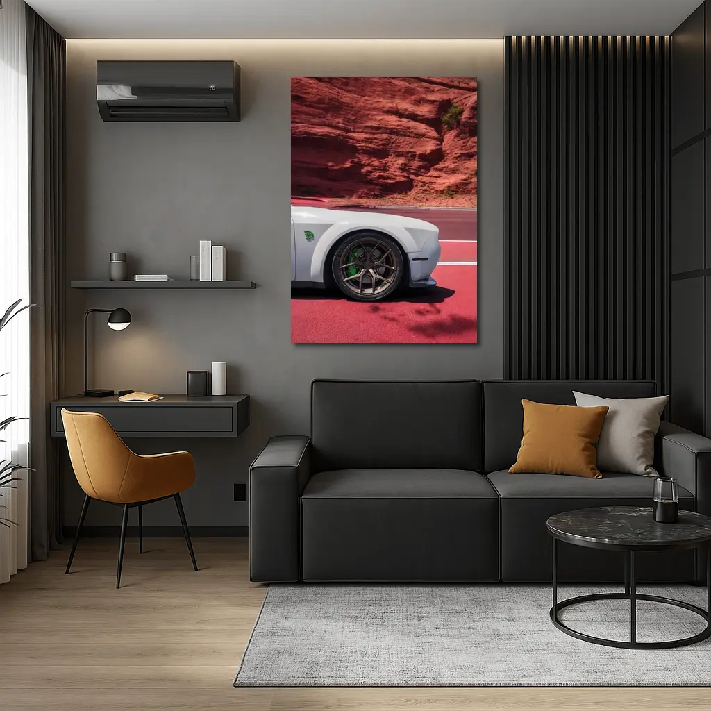 Dodge Challenger White Car Red Rock Background – Wall Art