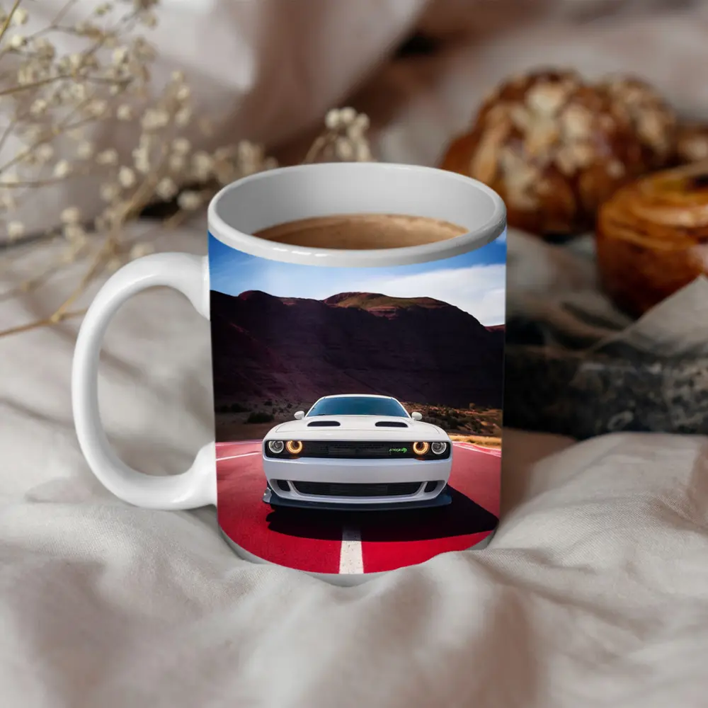 Dodge Challenger White Car Desert Road – Mugs
