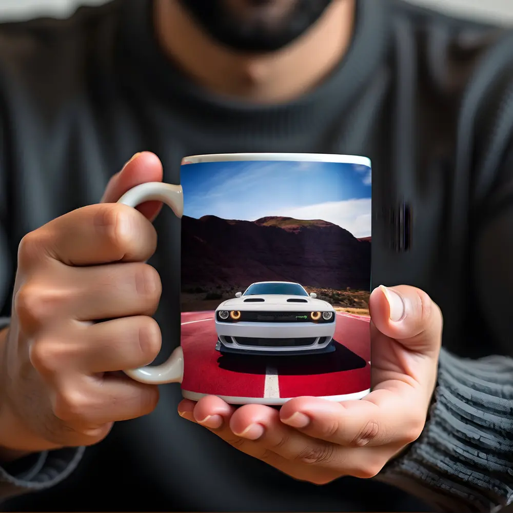 Dodge Challenger White Car Desert Road – Mugs