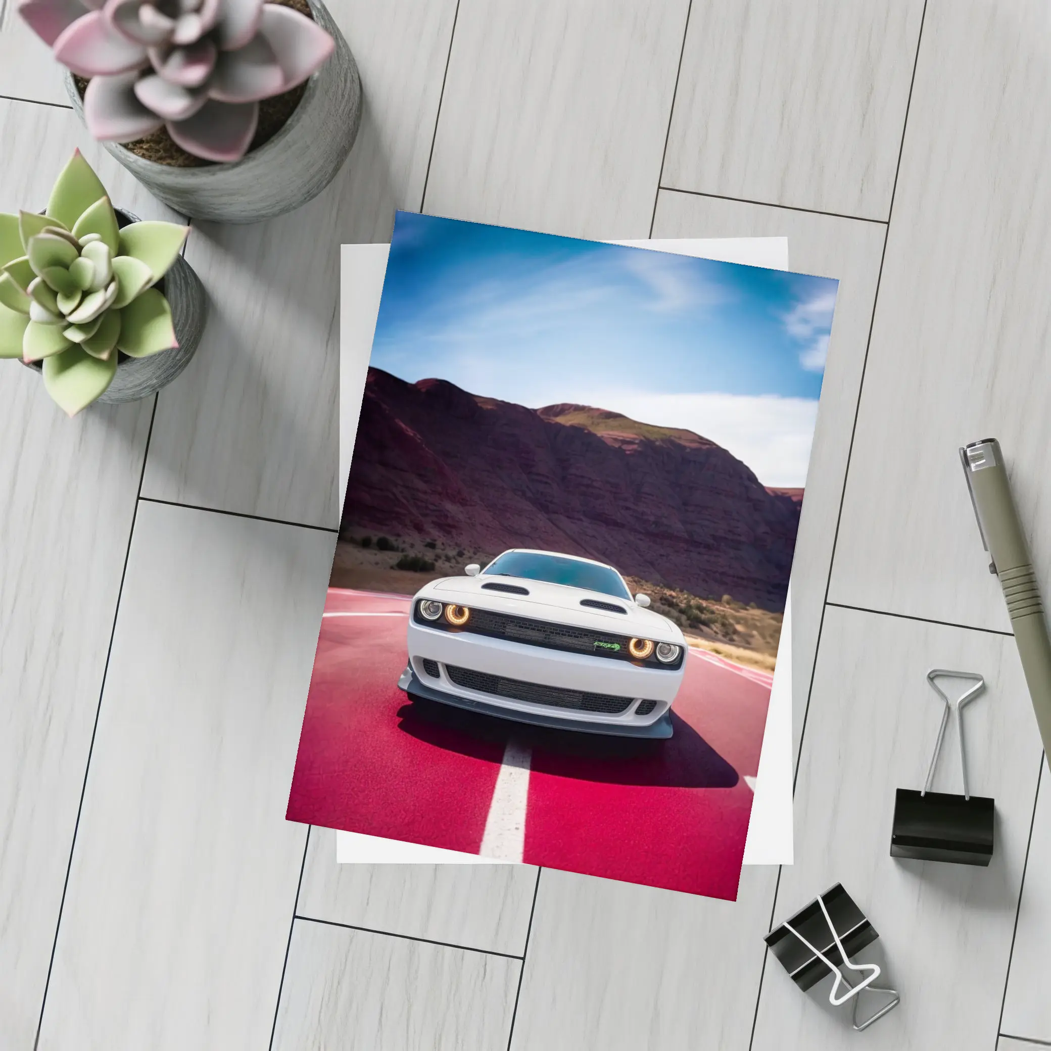 Dodge Challenger White Car Desert Road – Postcards