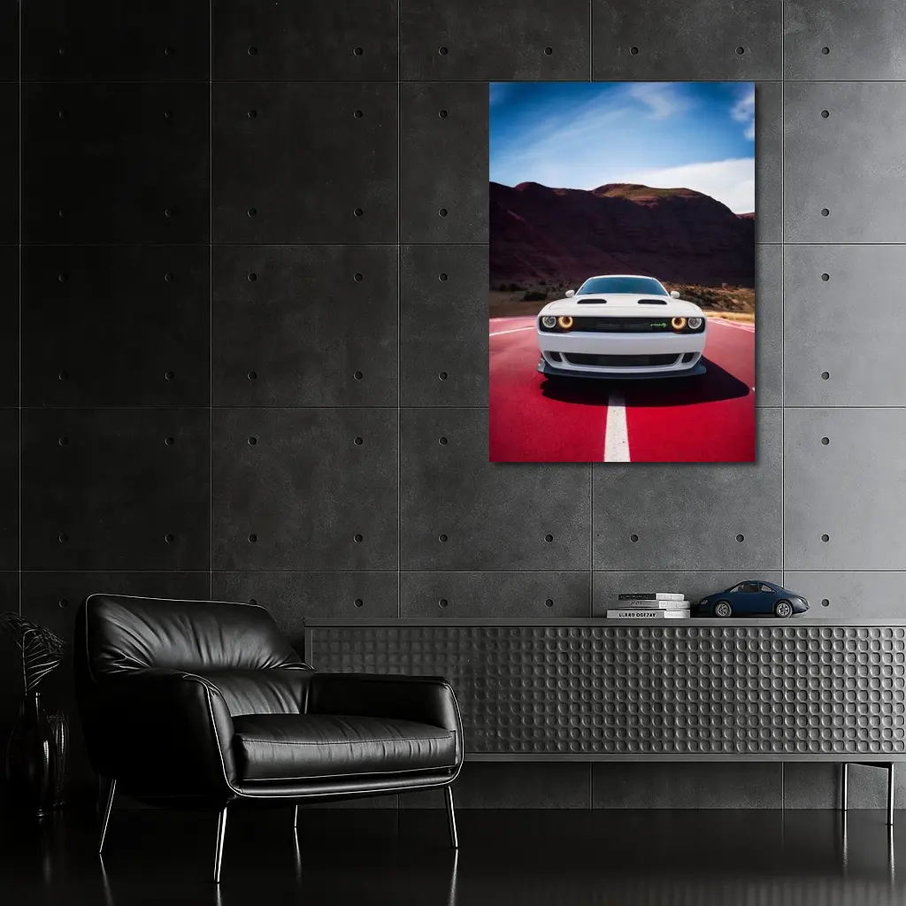 Dodge Challenger White Car Desert Road – Wall Art