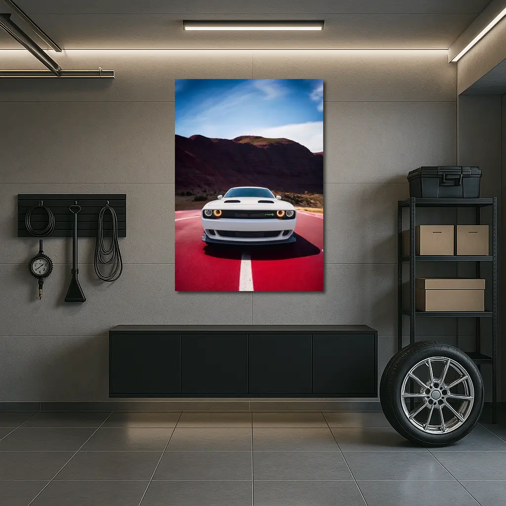 Dodge Challenger White Car Desert Road – Wall Art