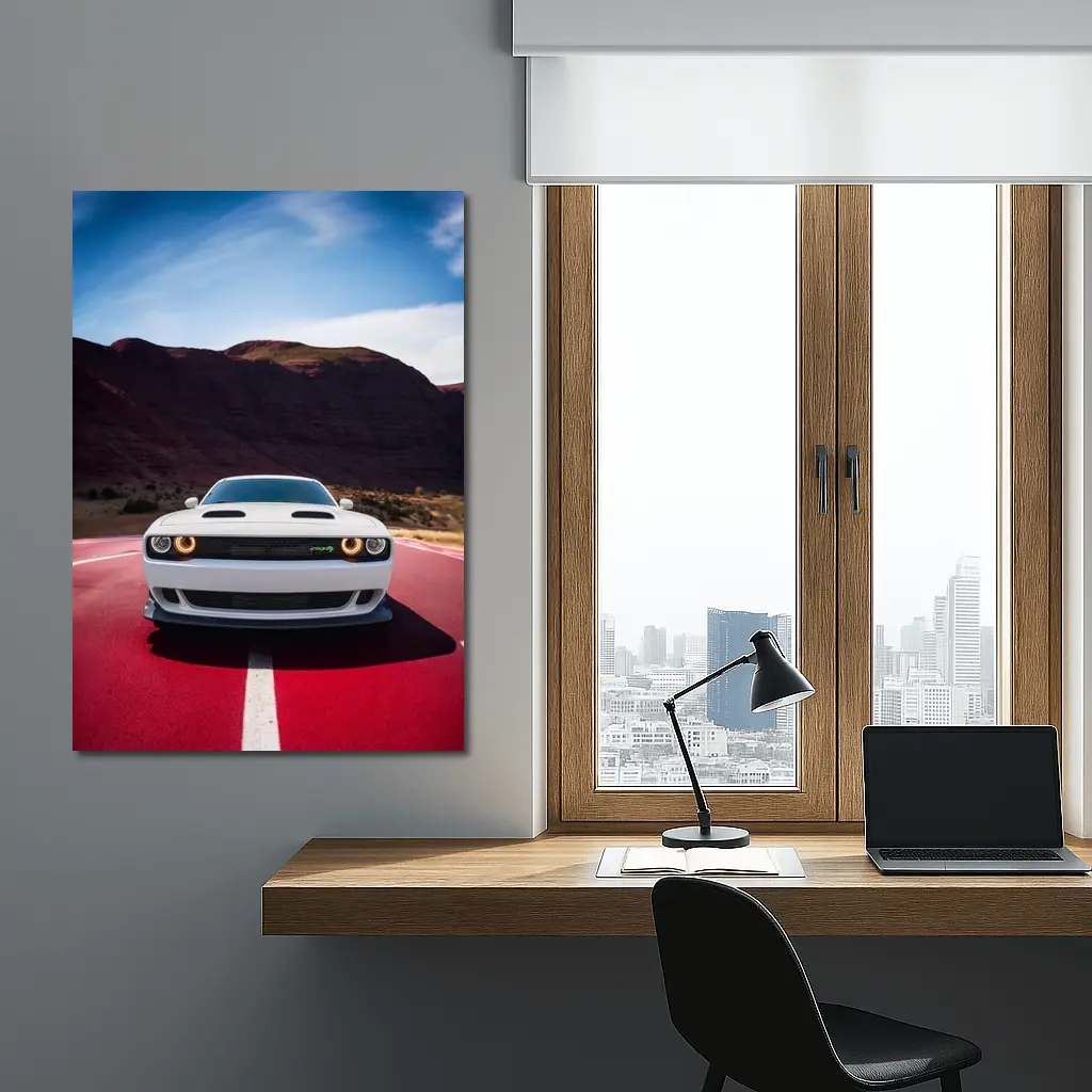 Dodge Challenger White Car Desert Road – Wall Art