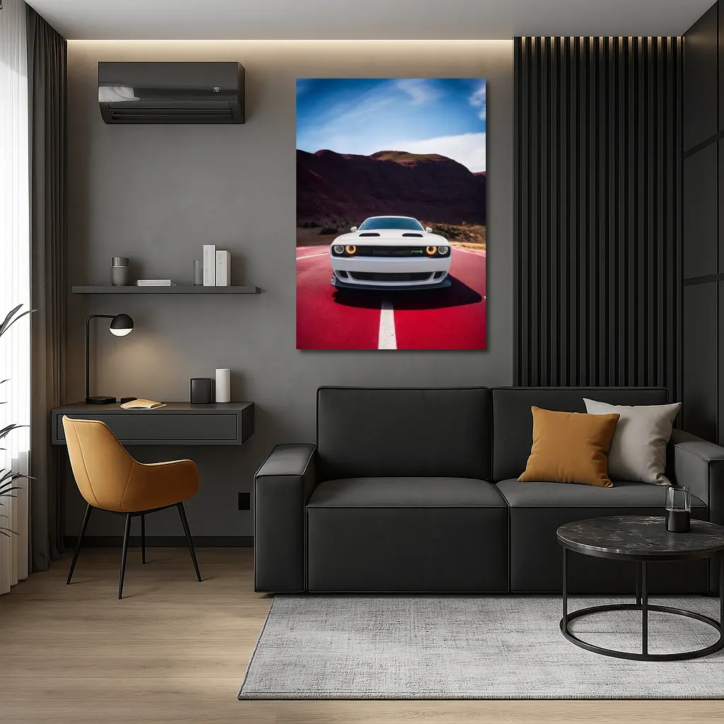 Dodge Challenger White Car Desert Road – Wall Art