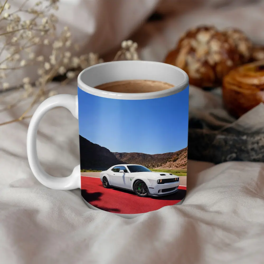 Dodge Challenger White Muscle Car Desert Track – Mugs