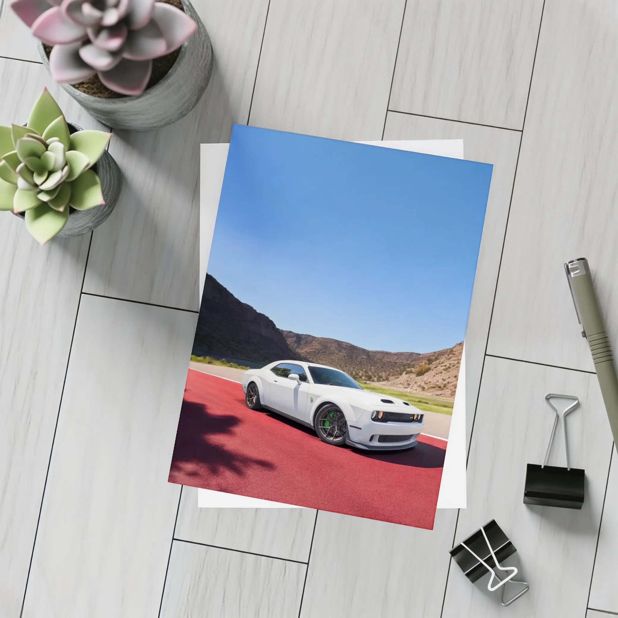 Dodge Challenger White Muscle Car Desert Track – Postcards
