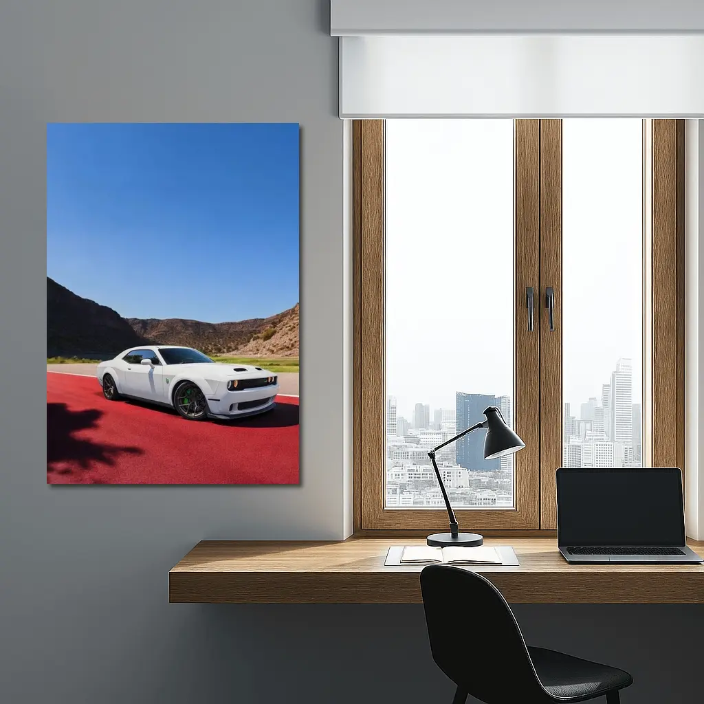 Dodge Challenger White Muscle Car Desert Track – Wall Art