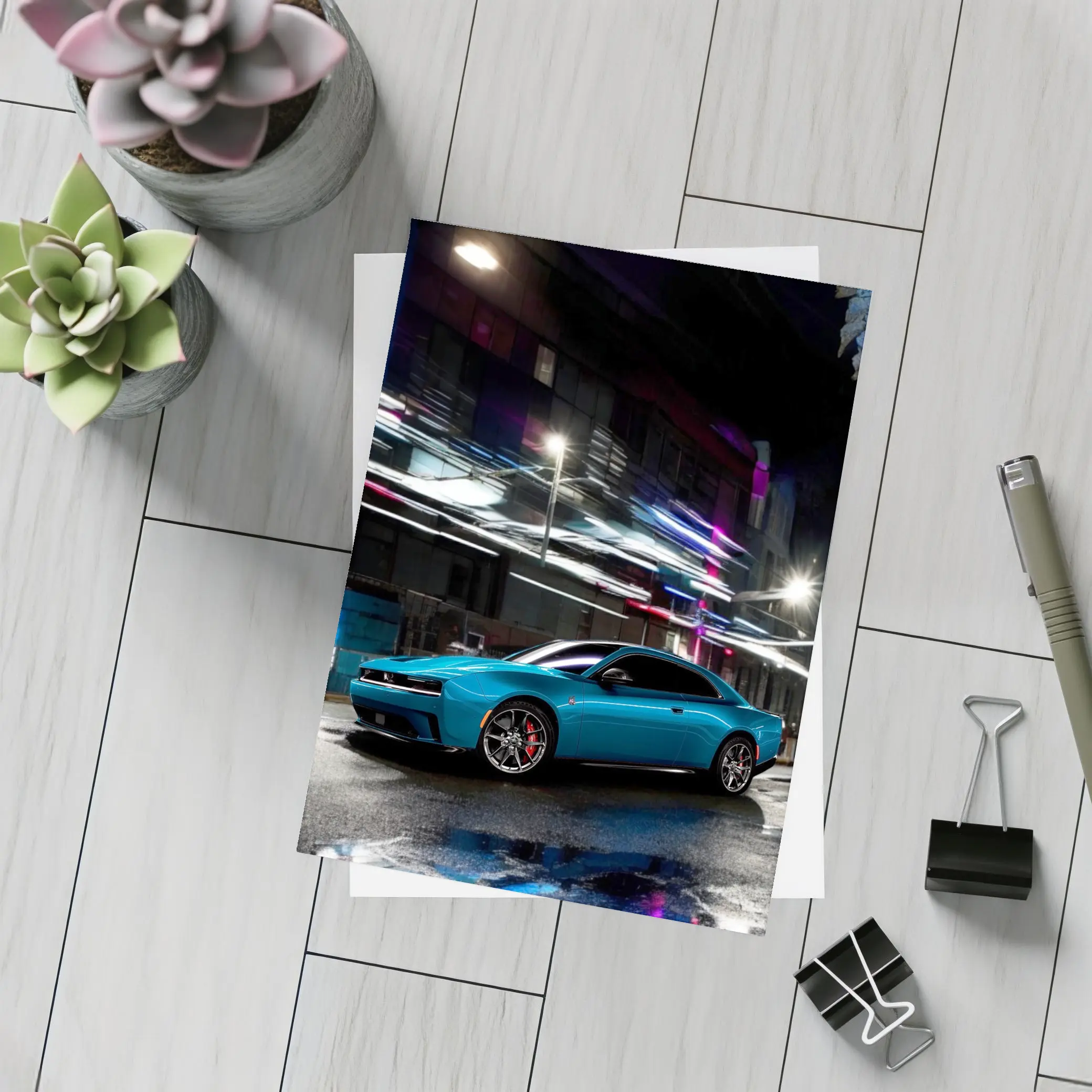 Dodge Charger Blue Neon City Night – Postcards