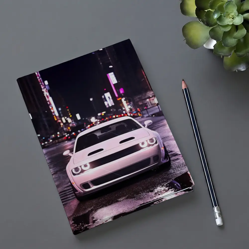 Dodge Challenger Front View City Night – Notebooks