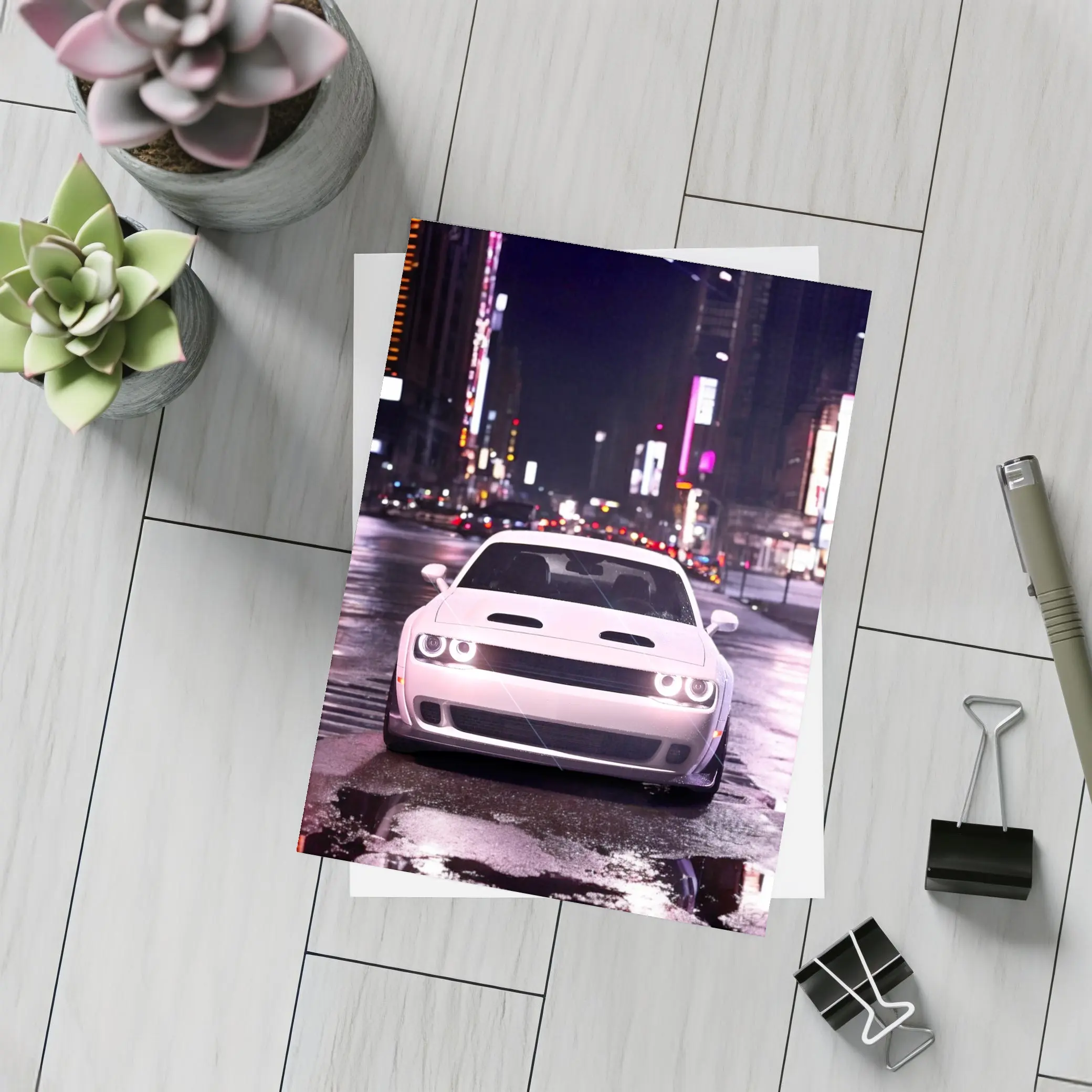 Dodge Challenger Front View City Night – Postcards