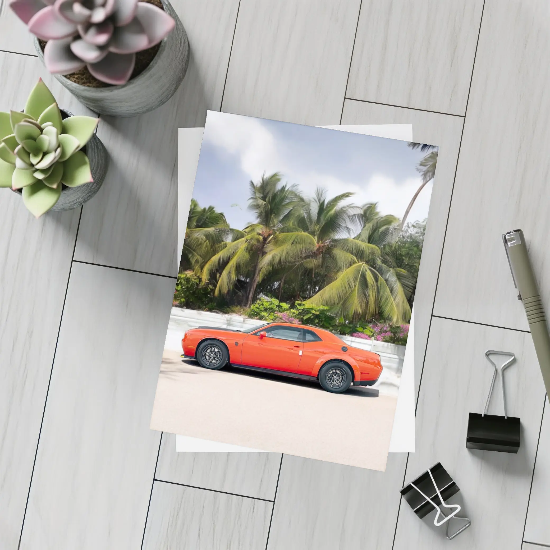 Dodge Challenger Orange Muscle Car Palm Trees – Postcards