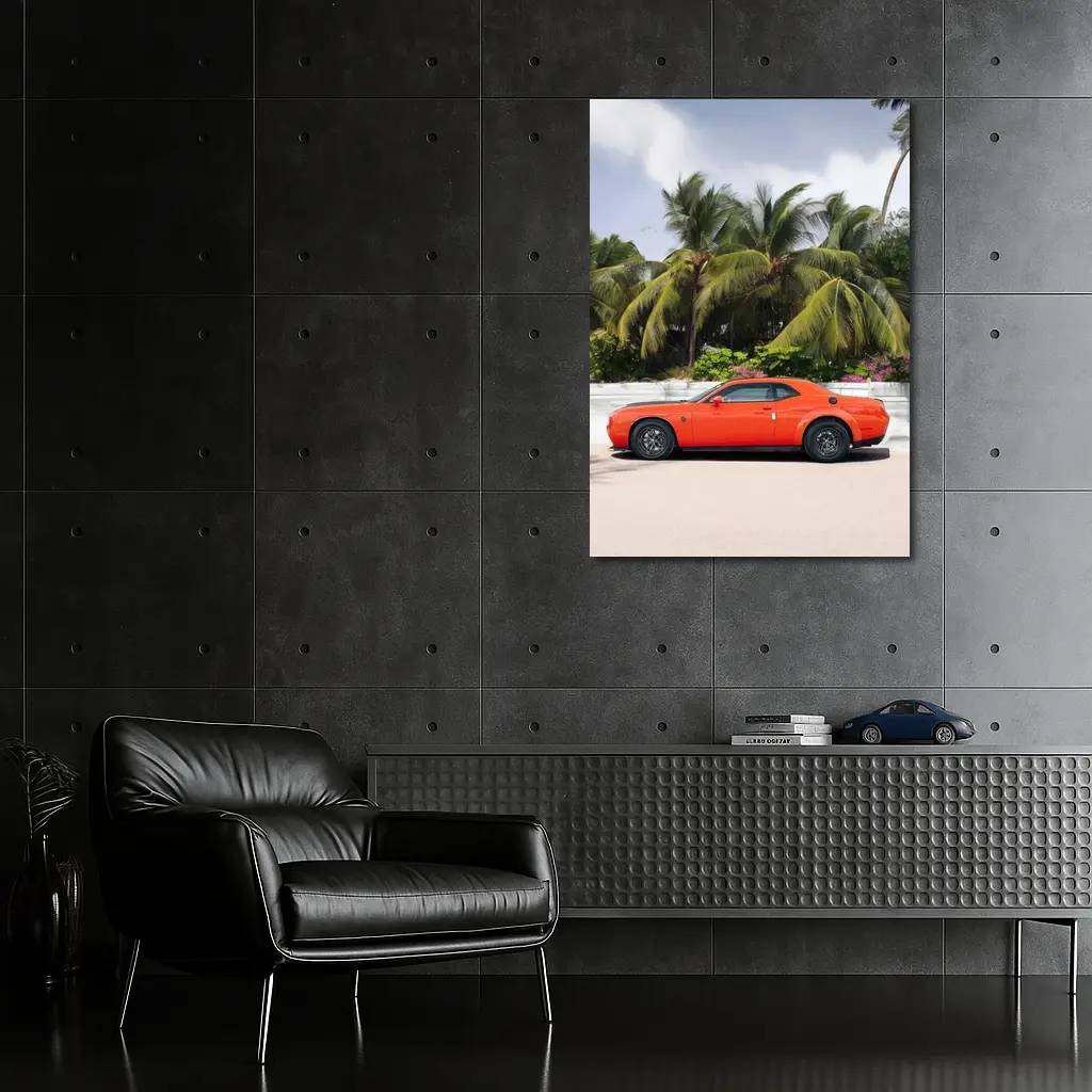 Dodge Challenger Orange Muscle Car Palm Trees – Wall Art