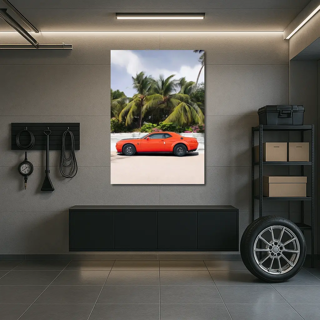 Dodge Challenger Orange Muscle Car Palm Trees – Wall Art
