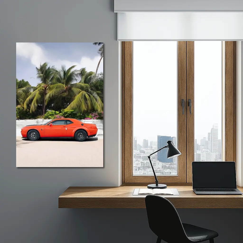 Dodge Challenger Orange Muscle Car Palm Trees – Wall Art