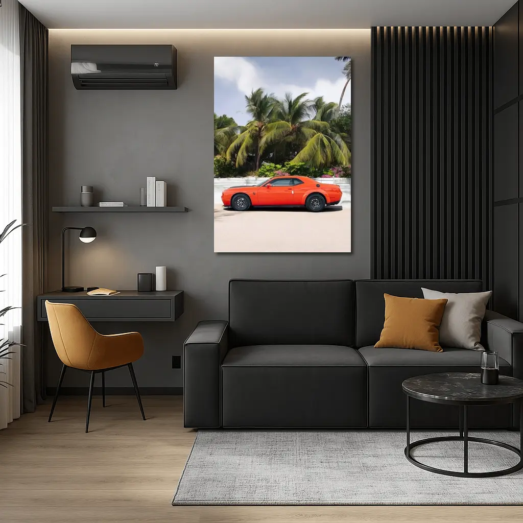 Dodge Challenger Orange Muscle Car Palm Trees – Wall Art