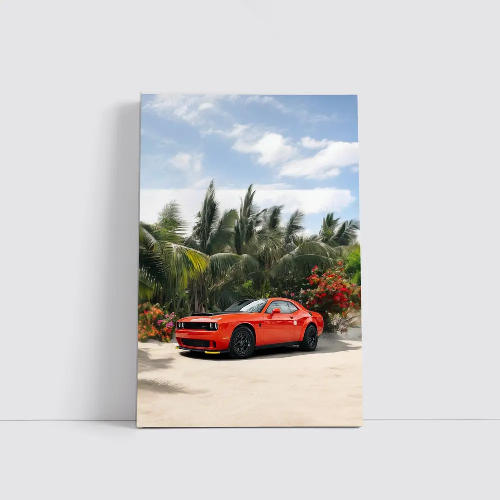Dodge Challenger Red Muscle Car Tropical Beach – Wall Art