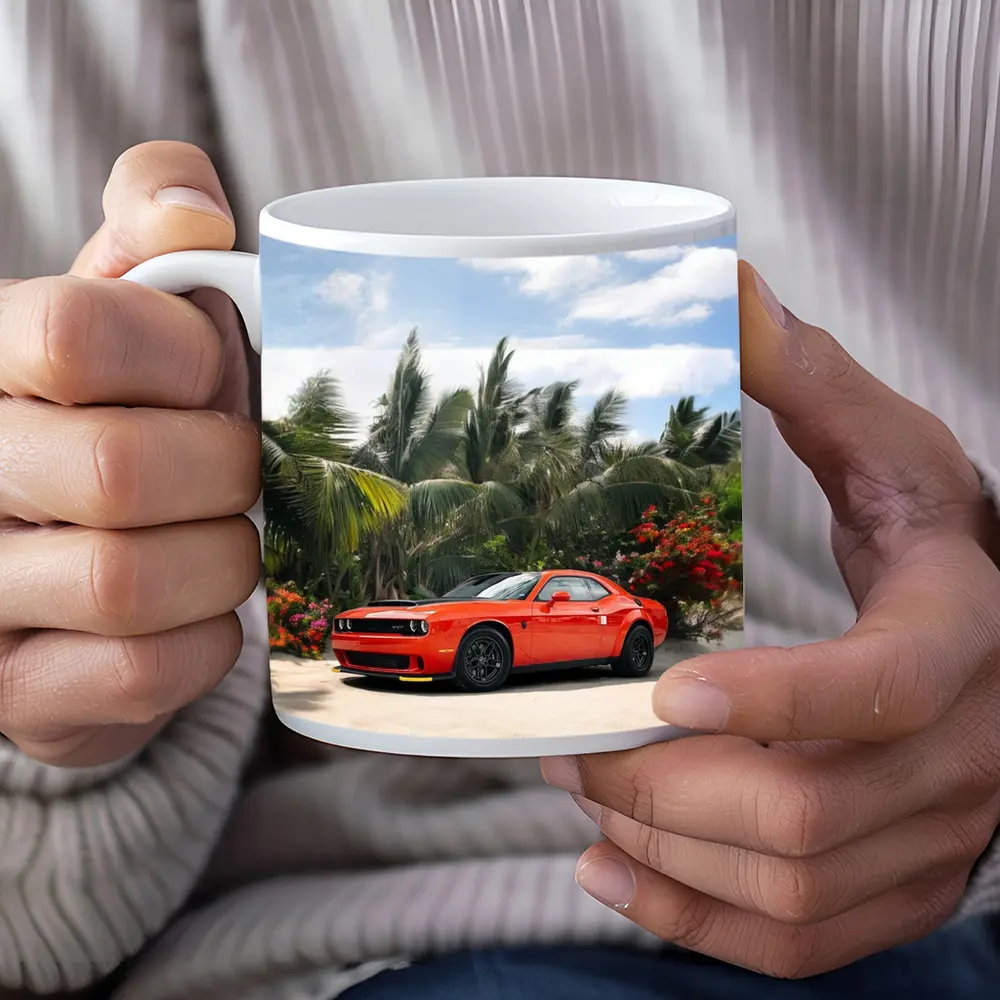 Dodge Challenger Red Muscle Car Tropical Beach – Mugs