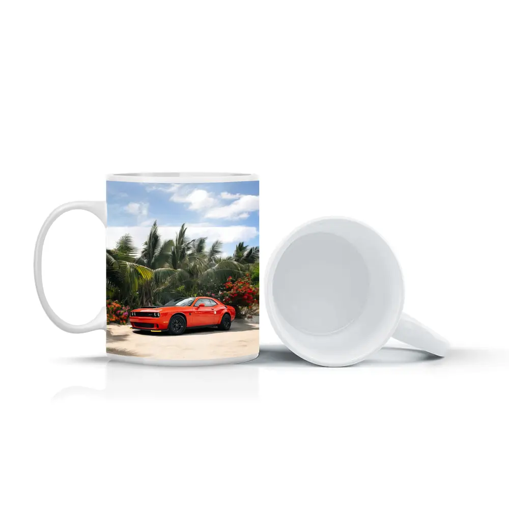 Dodge Challenger Red Muscle Car Tropical Beach – Mugs