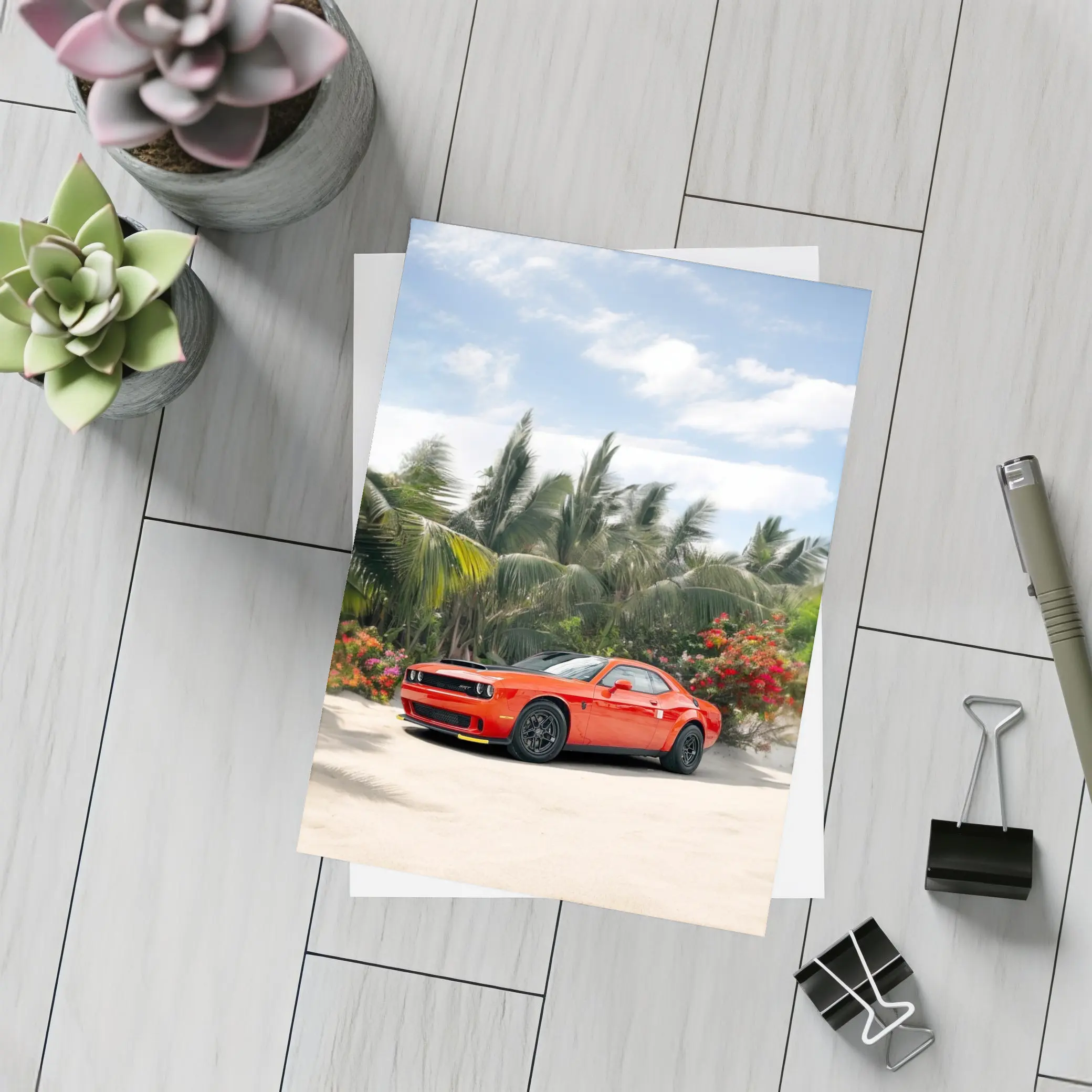 Dodge Challenger Red Muscle Car Tropical Beach – Postcards