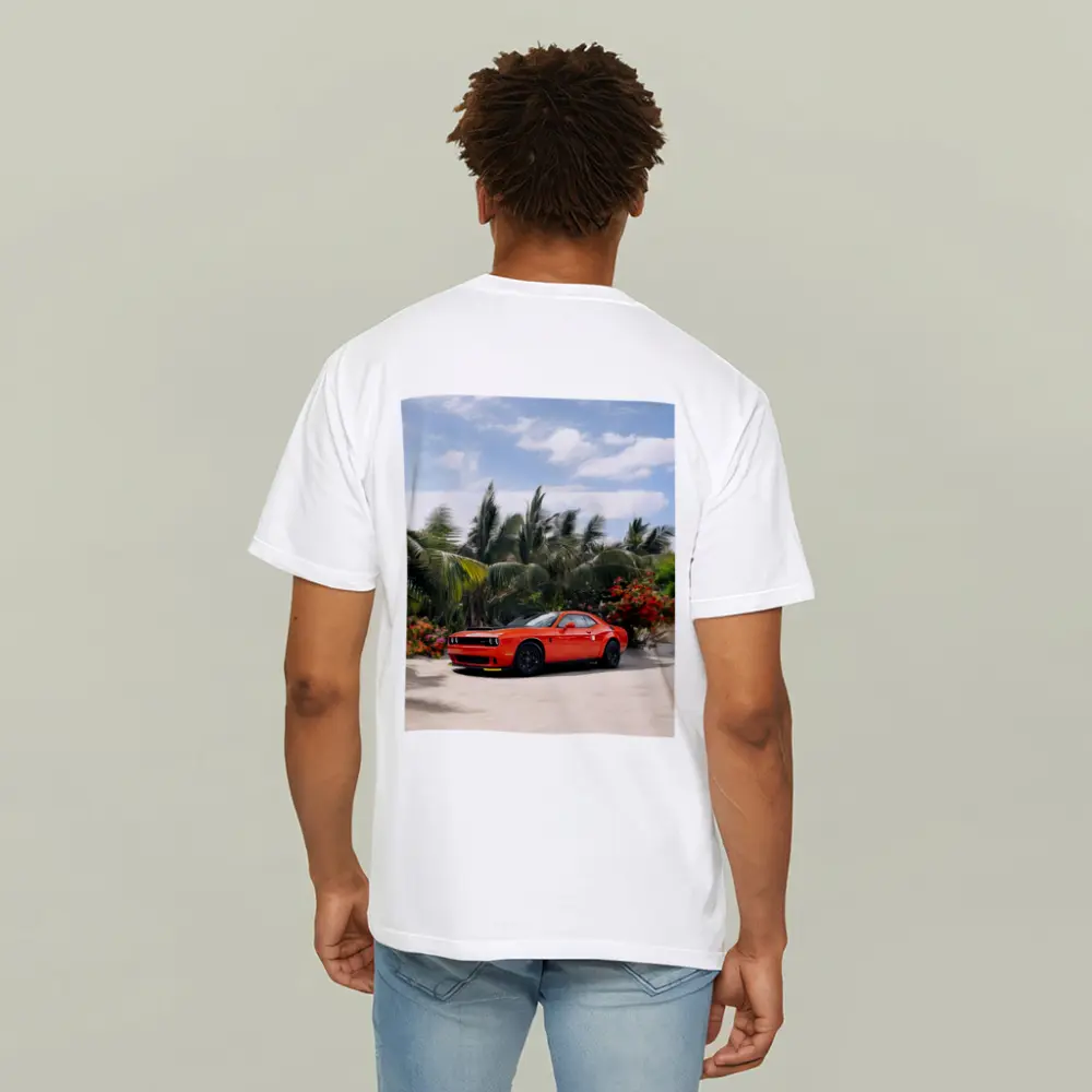 Dodge Challenger Red Muscle Car Tropical Beach – T-Shirts