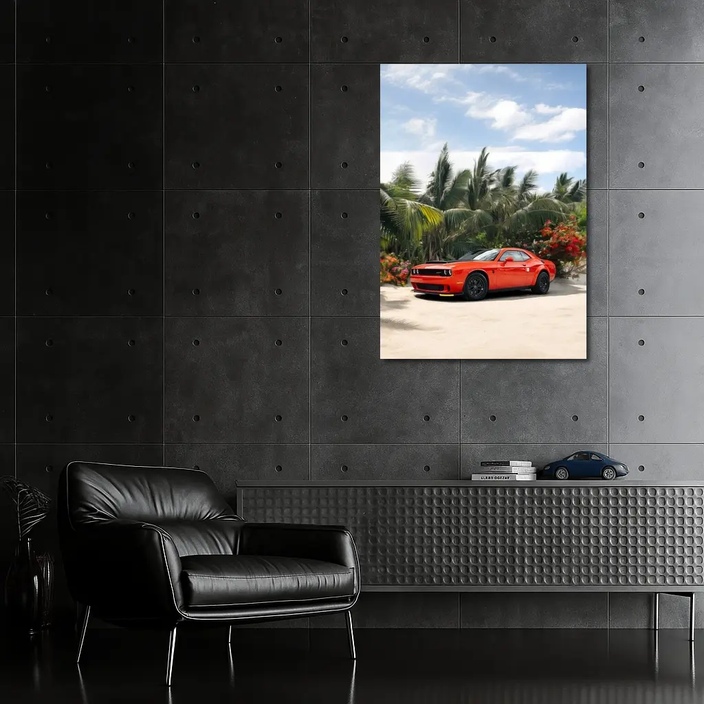 Dodge Challenger Red Muscle Car Tropical Beach – Wall Art