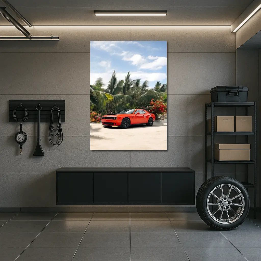 Dodge Challenger Red Muscle Car Tropical Beach – Wall Art