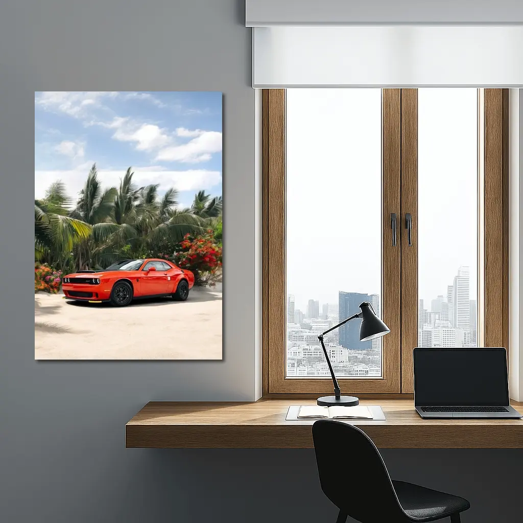 Dodge Challenger Red Muscle Car Tropical Beach – Wall Art