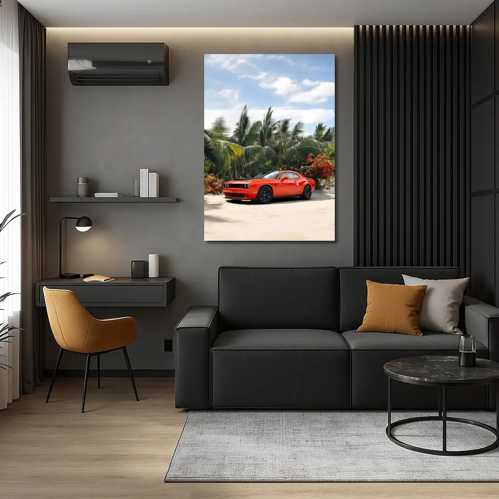 Dodge Challenger Red Muscle Car Tropical Beach – Wall Art