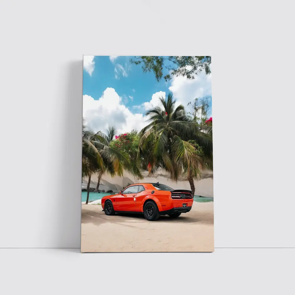 Dodge Challenger Orange Muscle Car Tropical Beach – Wall Art