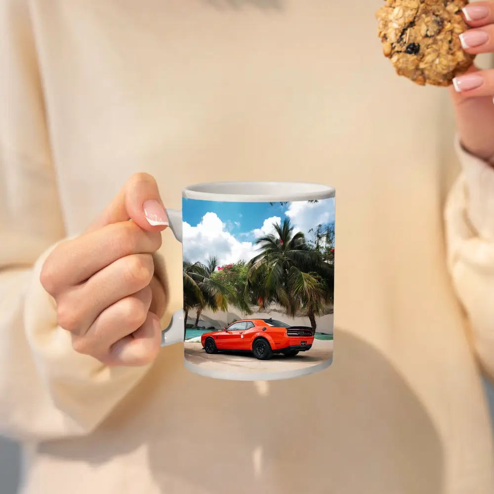 Dodge Challenger Orange Muscle Car Tropical Beach – Mugs