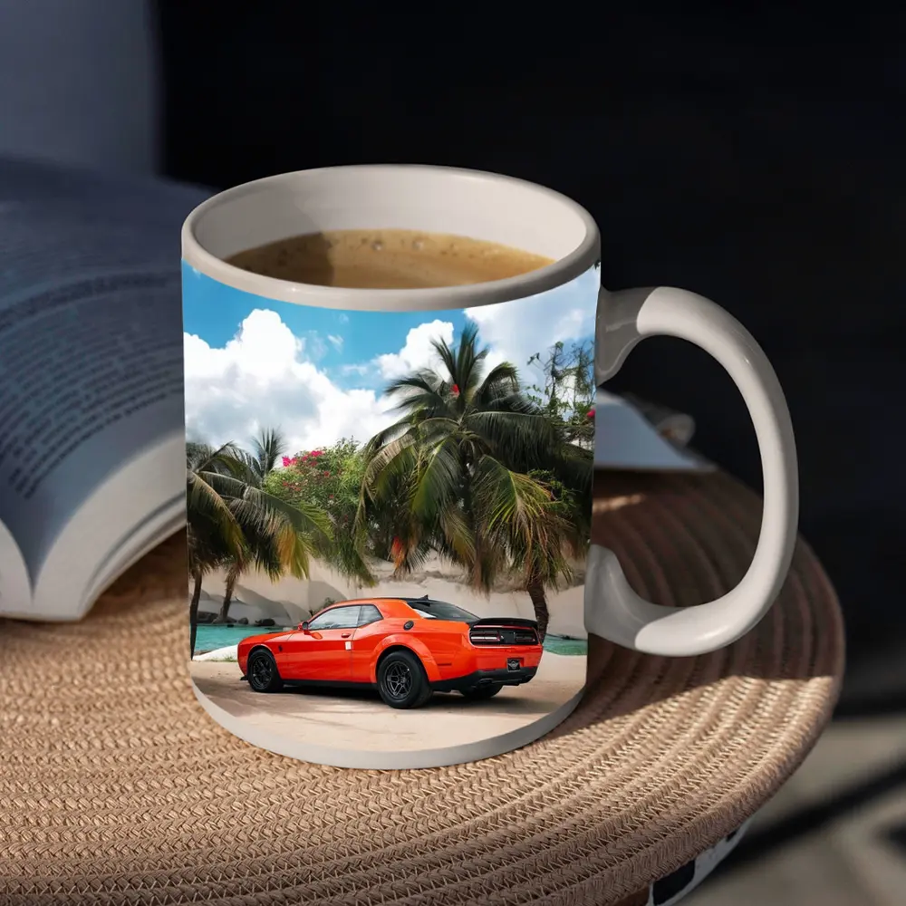 Dodge Challenger Orange Muscle Car Tropical Beach – Mugs