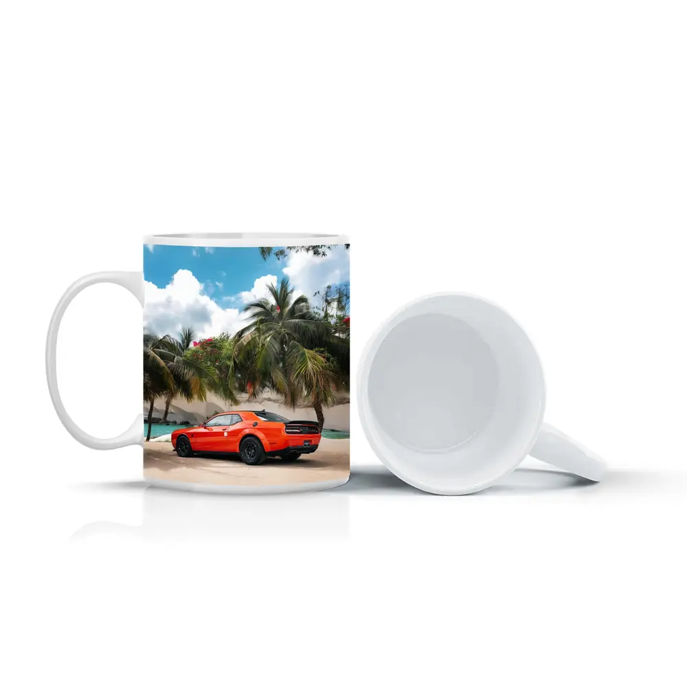 Dodge Challenger Orange Muscle Car Tropical Beach – Mugs