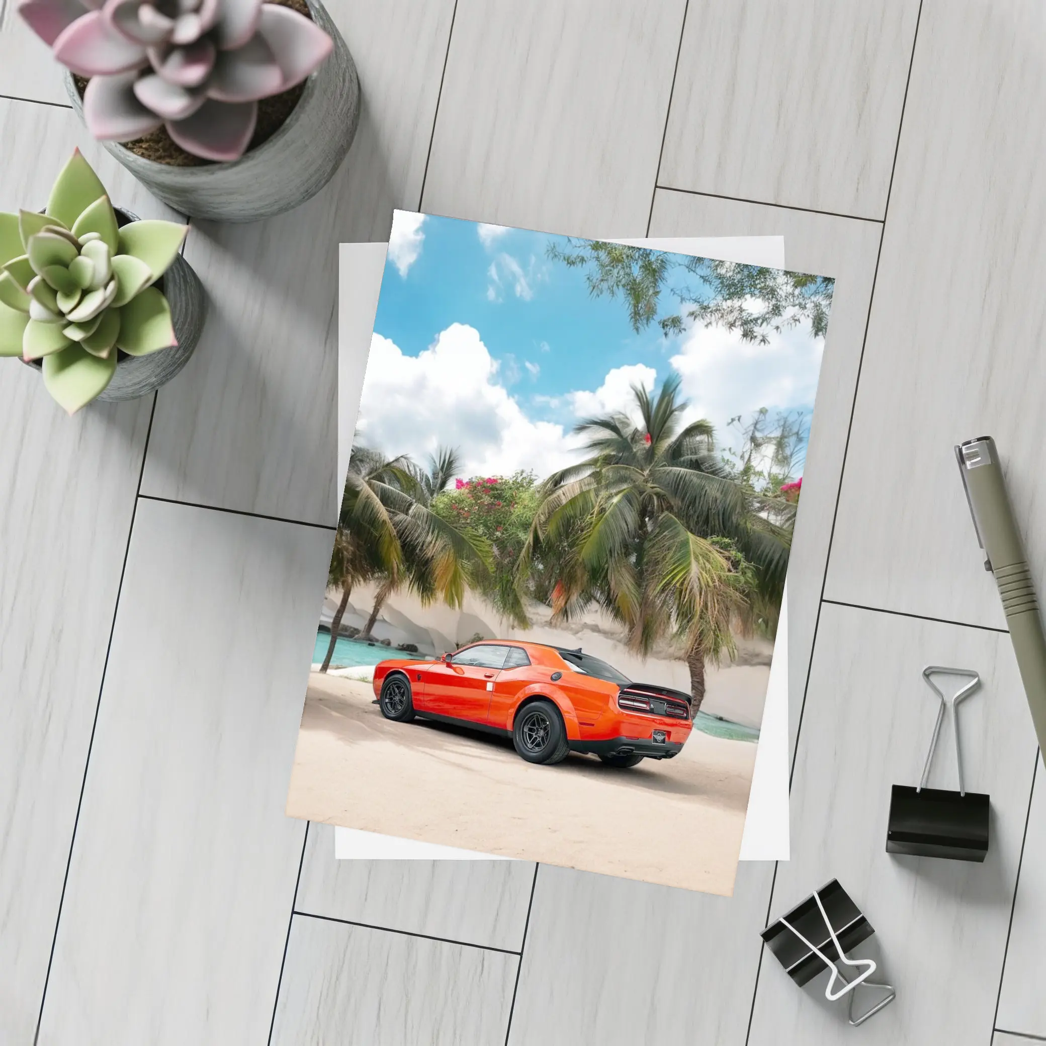 Dodge Challenger Orange Muscle Car Tropical Beach – Postcards