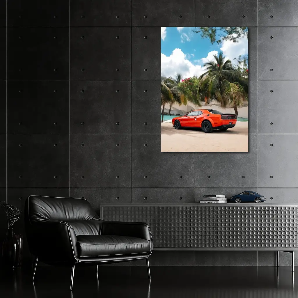 Dodge Challenger Orange Muscle Car Tropical Beach – Wall Art