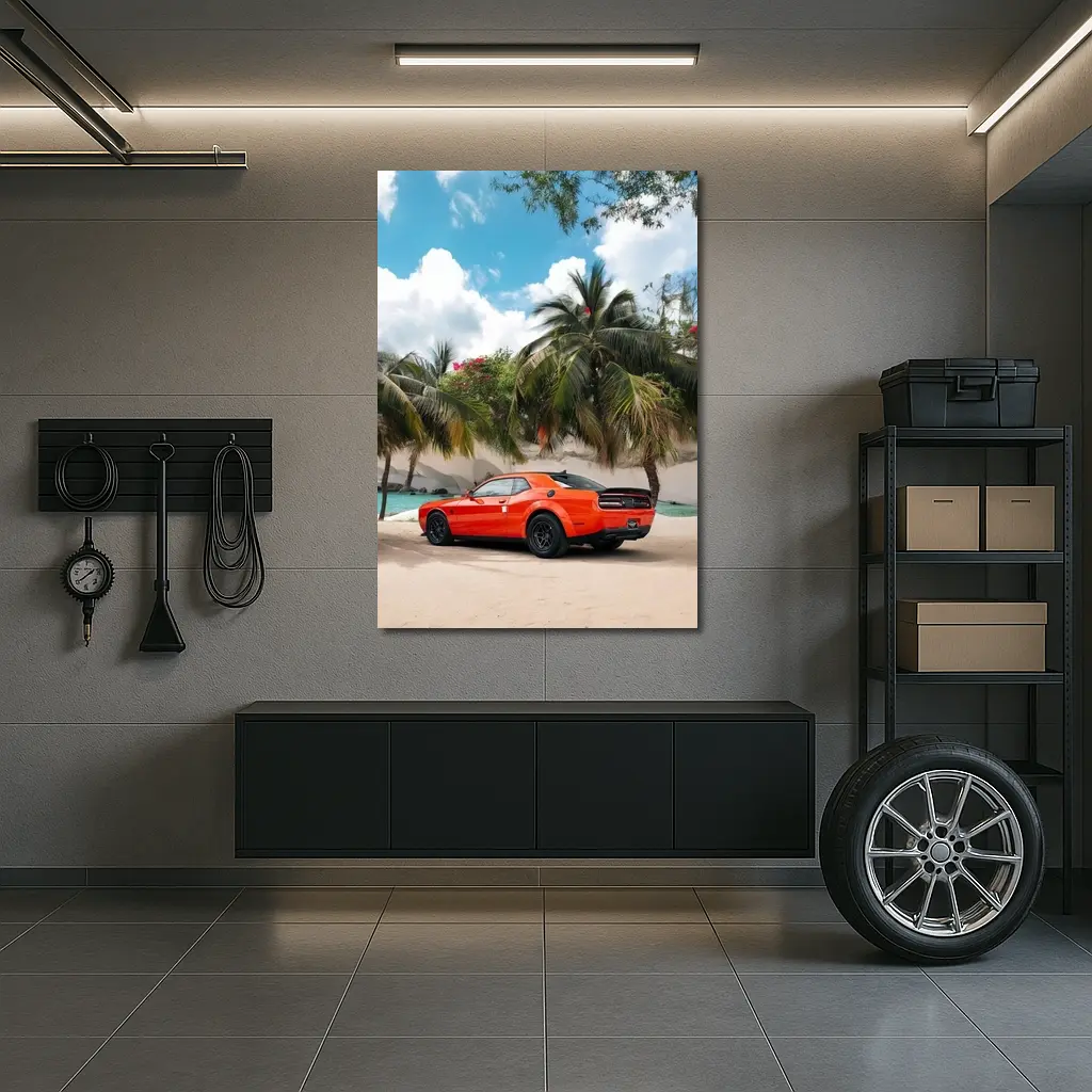 Dodge Challenger Orange Muscle Car Tropical Beach – Wall Art