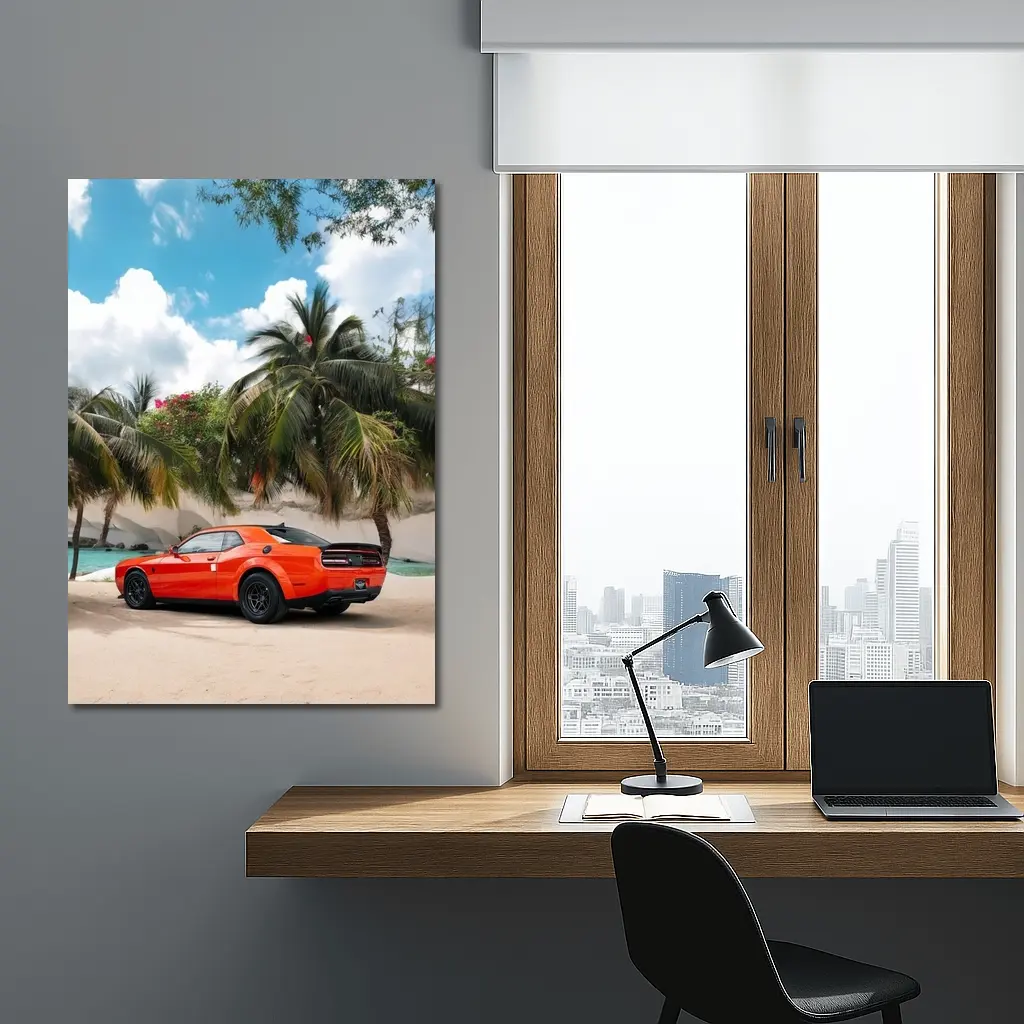 Dodge Challenger Orange Muscle Car Tropical Beach – Wall Art