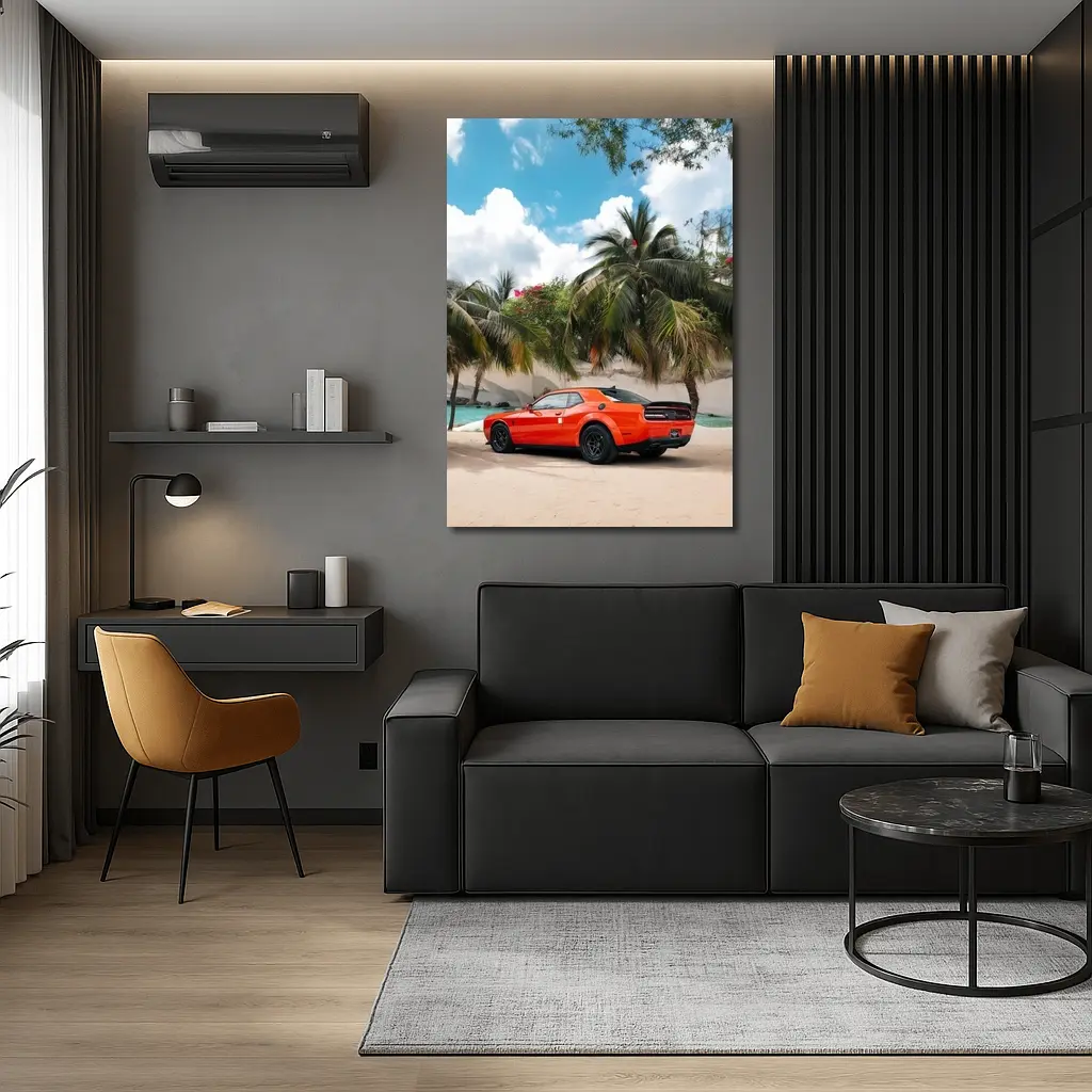 Dodge Challenger Orange Muscle Car Tropical Beach – Wall Art