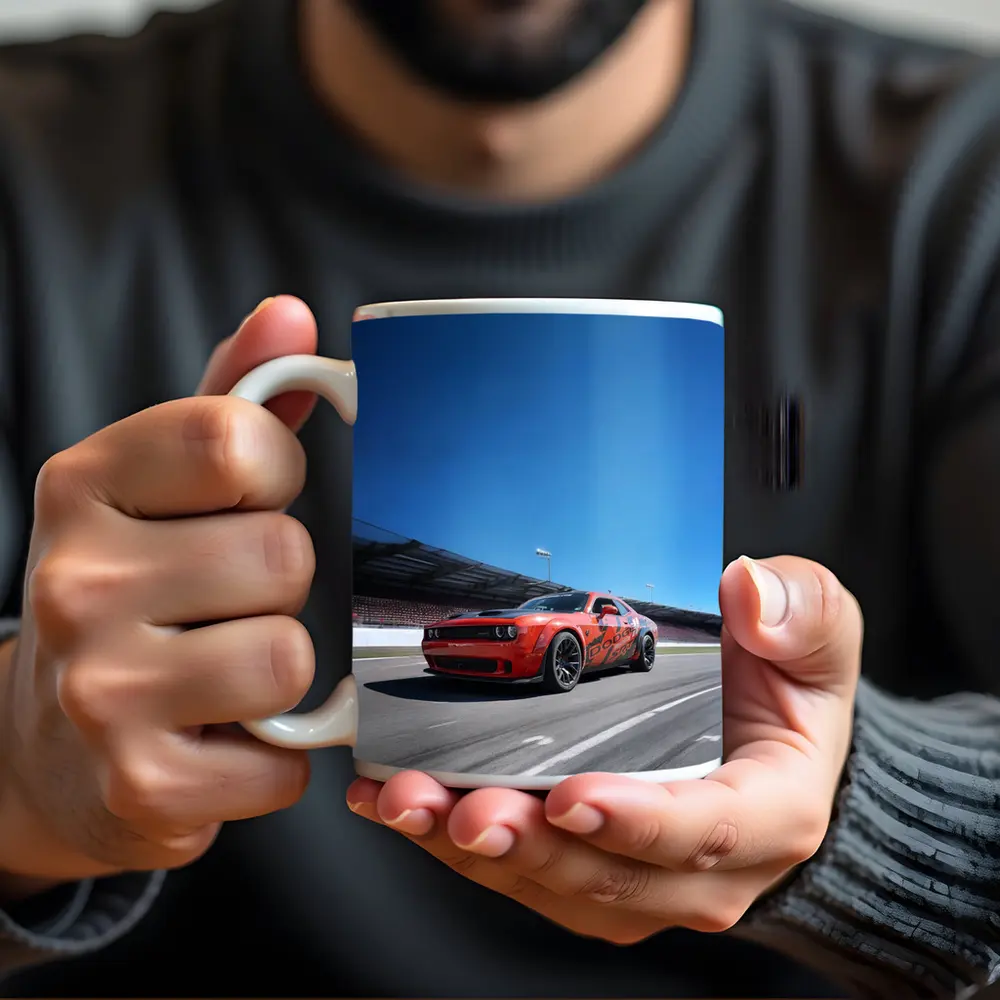 Dodge Challenger Red On Race Track – Mugs