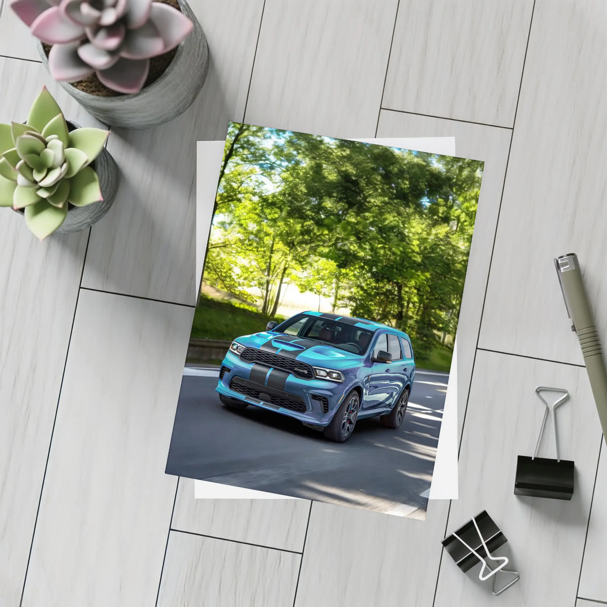 Dodge Durango Blue Racing Stripes On Road – Postcards